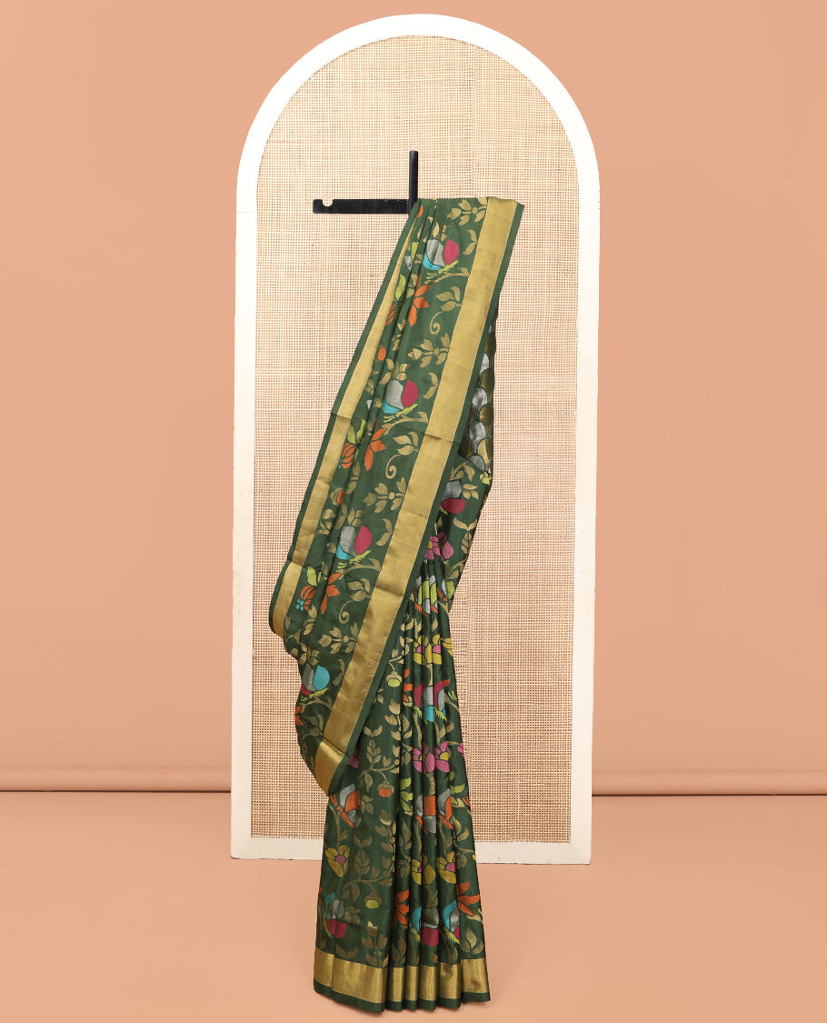 Green Uppada Saree, Artfully Detailed with Meenakari Floral Vine Weave, a Subtle Zari Border, Scallop-Patterned Pallu, and a Matching Blouse