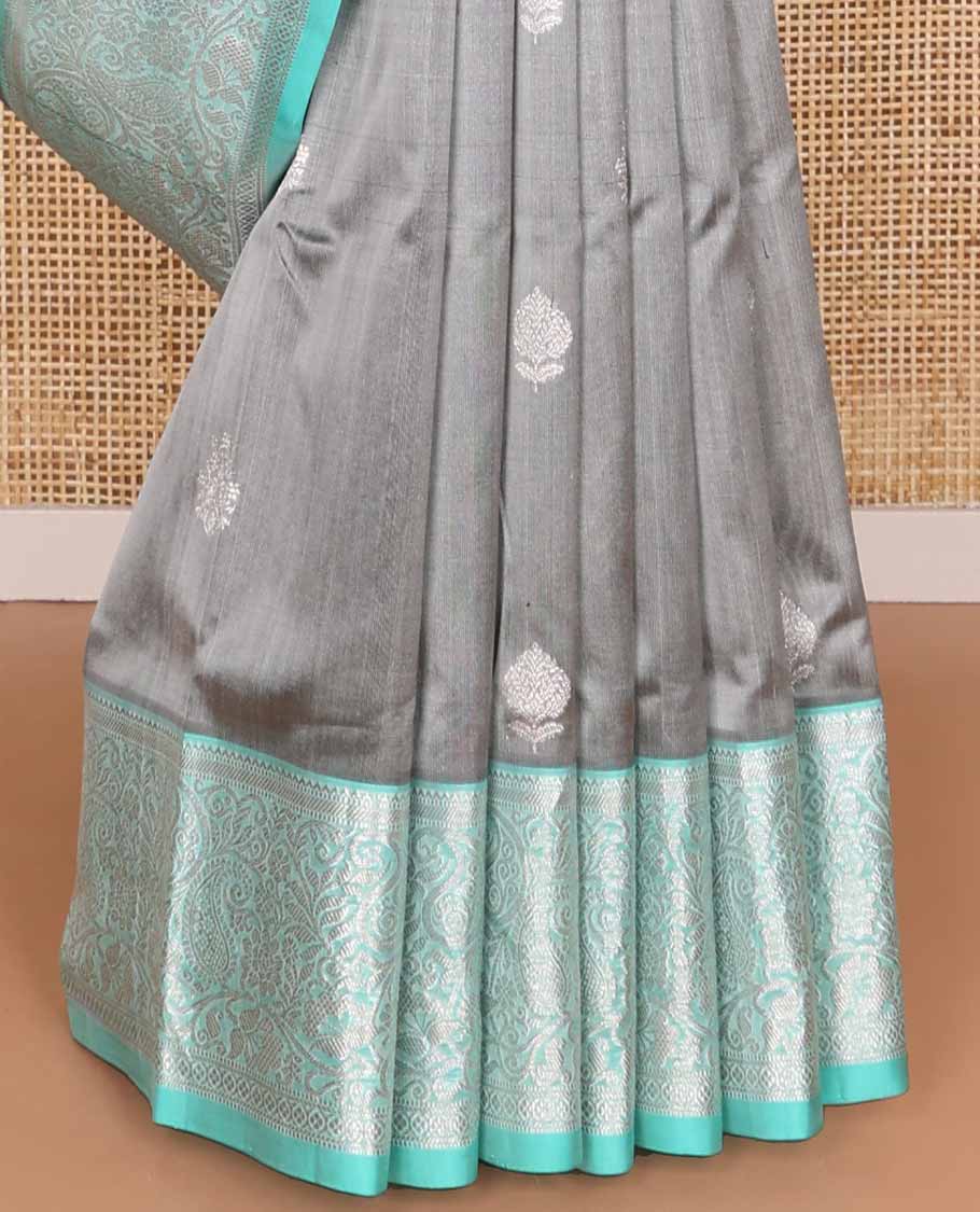 Grey leaf motifs design venkatagiri silk saree with contrast zari design pallu & argyle design pallu