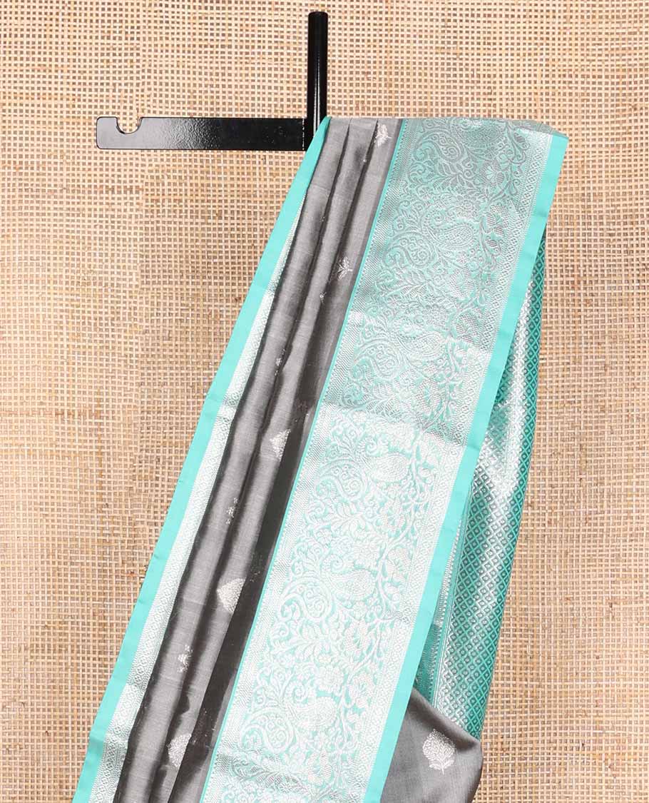 Grey leaf motifs design venkatagiri silk saree with contrast zari design pallu & argyle design pallu