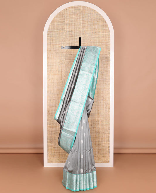 Grey leaf motifs design venkatagiri cotton saree with contrast zari design pallu & argyle design pallu