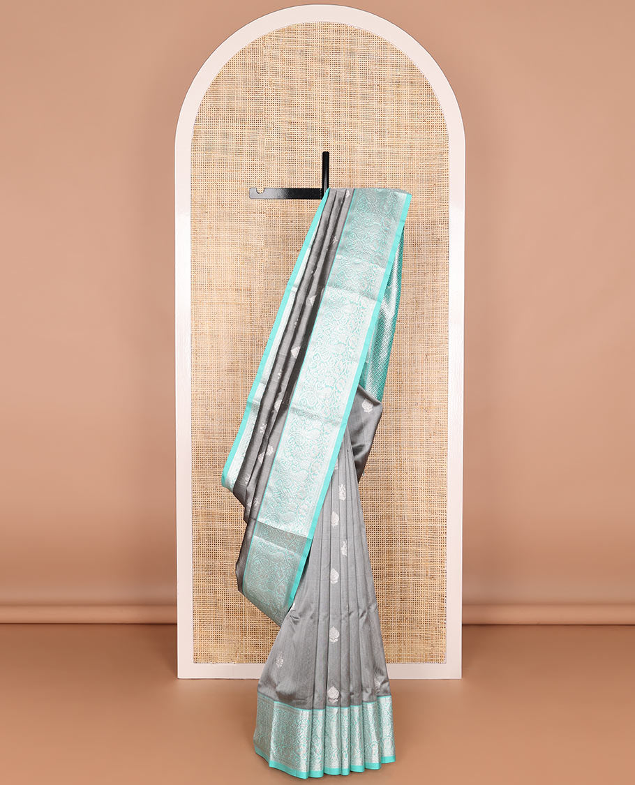 Grey leaf motifs design venkatagiri silk saree with contrast zari design pallu & argyle design pallu