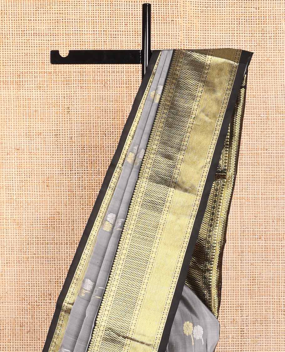 Grey floral motifs venkatagiri silk saree with contrast intricate zari design border & argyle design pallu
