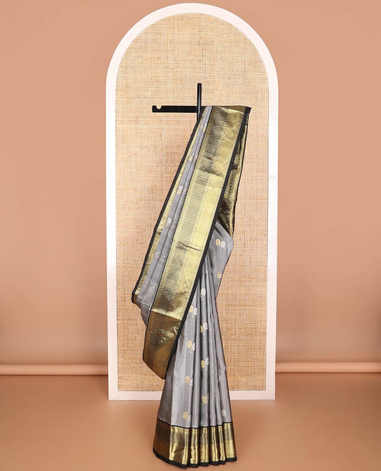Grey floral motifs venkatagiri silk saree with contrast intricate zari design border & argyle design pallu