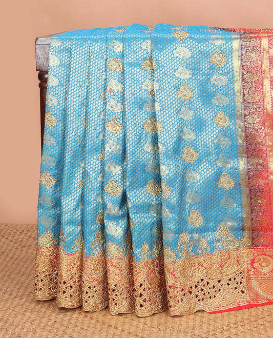 Blue jacquard stone embroidered silk saree, contrast scallop cut embroidered border & pallu of intricate design & embroidery