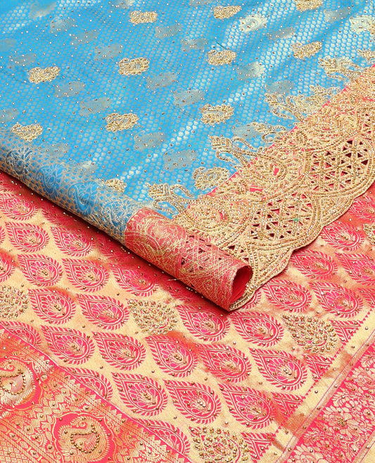 Blue jacquard stone embroidered silk saree, contrast scallop cut embroidered border & pallu of intricate design & embroidery