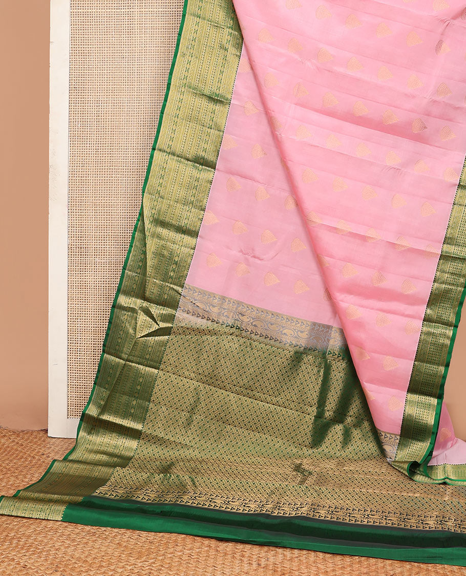 Pink zari buttas Vasundhara silk mix saree, contrast border of rekku, muthu, kathir, neli, kamalam & diamond design & paiyadi kattam pallu