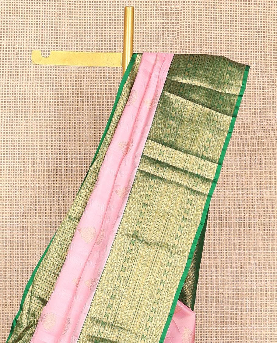 Pink zari buttas Vasundhara silk mix saree, contrast border of rekku, muthu, kathir, neli, kamalam & diamond design & paiyadi kattam pallu
