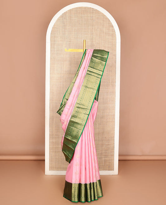 Pink zari buttas Vasundhara silk mix saree, contrast border of rekku, muthu, kathir, neli, kamalam & diamond design & paiyadi kattam pallu
