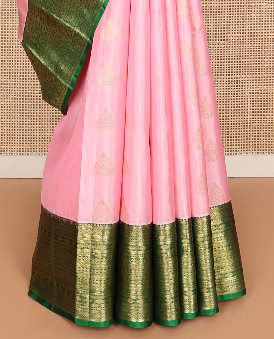 Pink zari buttas Vasundhara silk mix saree, contrast border of rekku, muthu, kathir, neli, kamalam & diamond design & paiyadi kattam pallu