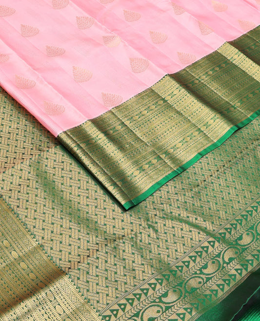 Pink zari buttas Vasundhara silk mix saree, contrast border of rekku, muthu, kathir, neli, kamalam & diamond design & paiyadi kattam pallu