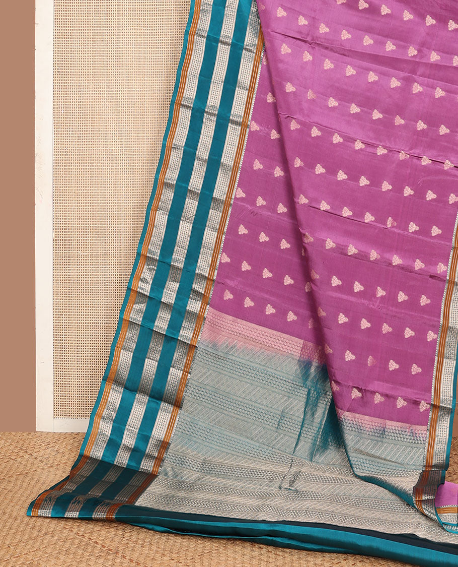 Purple zari buttas vasundhara silk mix saree, contrast rettai pettu border of manga mokku,muthu & rudraksham designs & pallu of geometric patterns