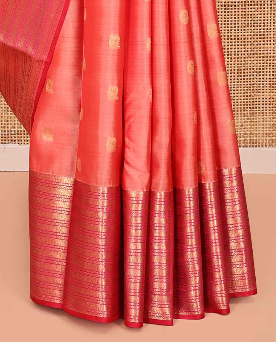 Peach Vasundhara Lite Silk Mix Saree, Adorned with Mayil and Chakram Buttas All Over Its Body, Complemented by Contrast Traditional Zari Designs Woven Border, Grand Geometric Patterned Pallu and Paired with a Contrast Blouse