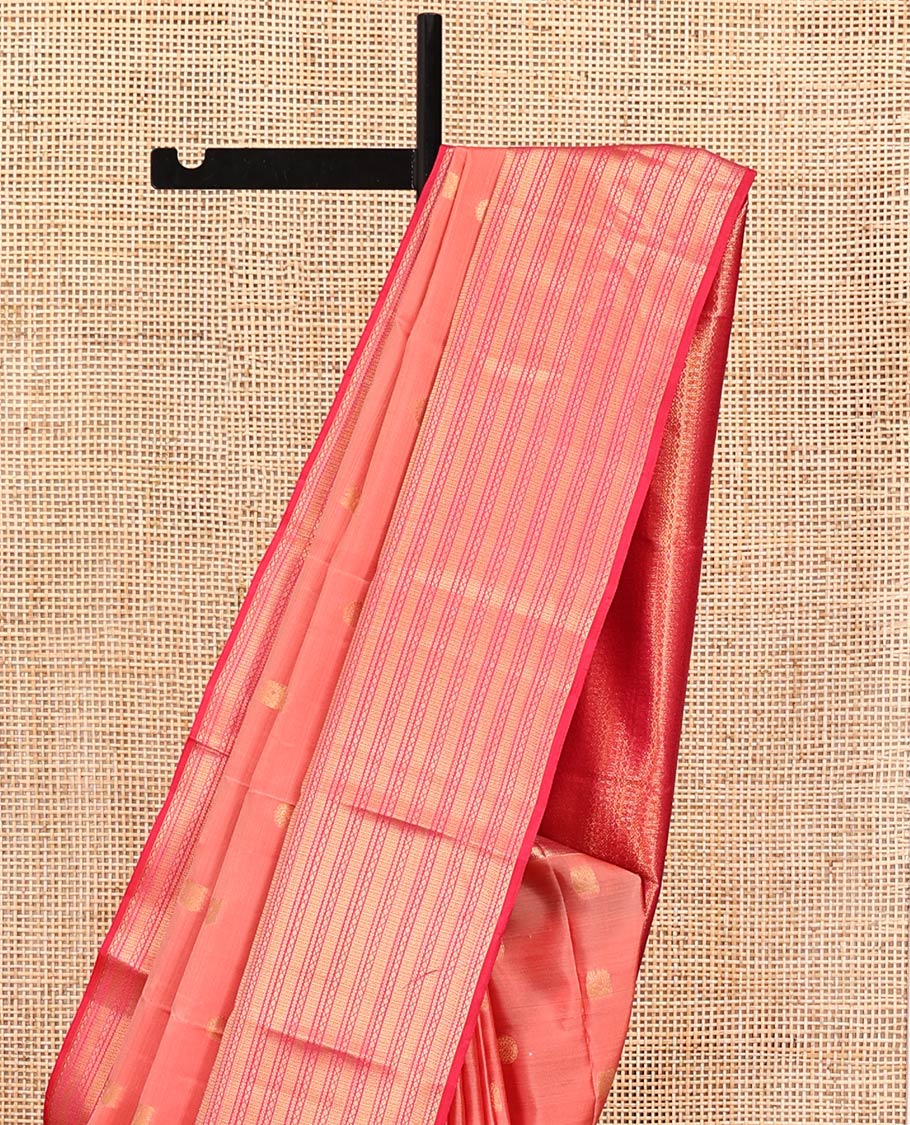 Peach Vasundhara Lite Silk Mix Saree, Adorned with Mayil and Chakram Buttas All Over Its Body, Complemented by Contrast Traditional Zari Designs Woven Border, Grand Geometric Patterned Pallu and Paired with a Contrast Blouse