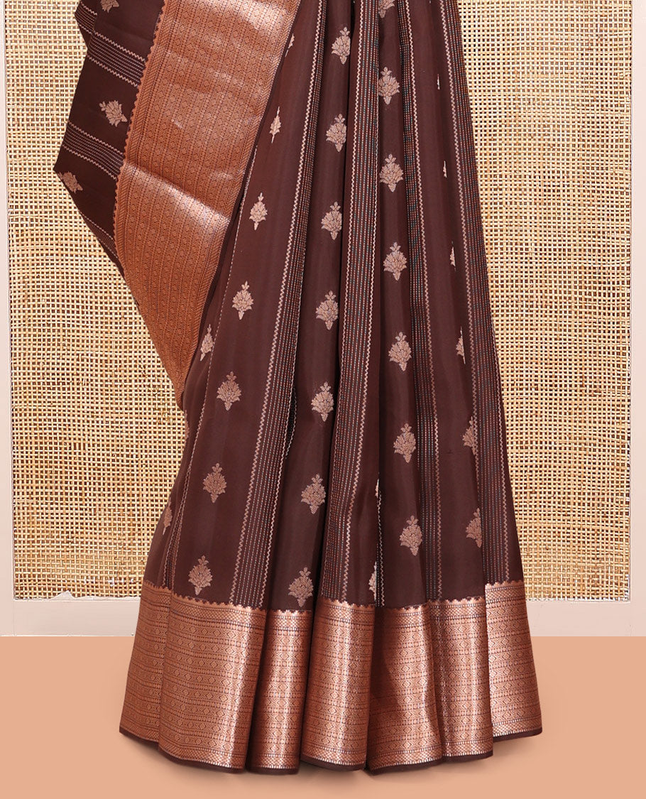 Brown Vasundhara Lite Silk Mix Saree, Elevated with Zari Butta and Stripes, a Thazampoo Rekku Traditional Border, Jaal Pallu, and a Matching Blouse