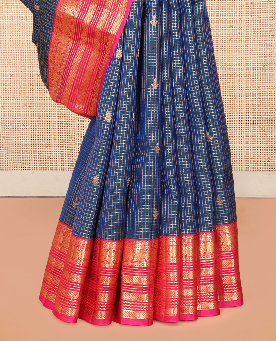 Blue Buttas-Checked Vasundhara Lite Silkmix Saree, Contrast Ara Maadam Border, Grand Pallu, Contrast Blouse