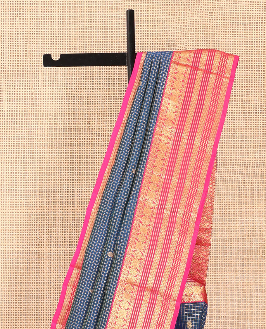 Blue Buttas-Checked Vasundhara Lite Silkmix Saree, Contrast Ara Maadam Border, Grand Pallu, Contrast Blouse