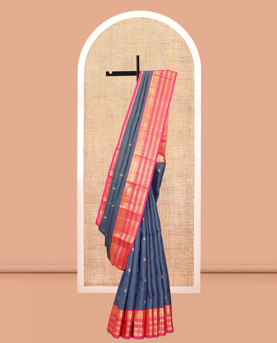 Blue Buttas-Checked Vasundhara Lite Silkmix Saree, Contrast Ara Maadam Border, Grand Pallu, Contrast Blouse