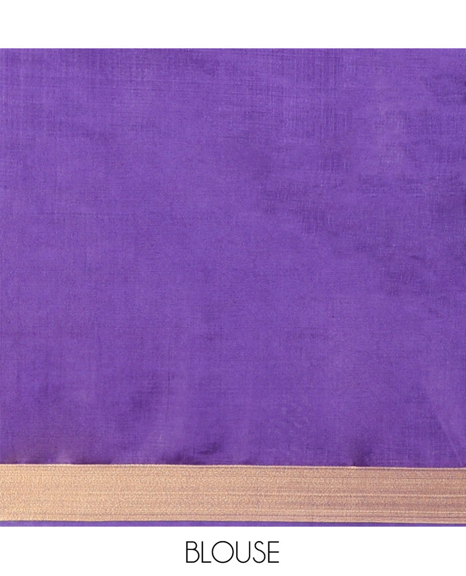 Violet Banana Pith Saree Spotlighted with Square Zari Buttas All Over Its Body, Bavanji Border, Gleaming Zari Striped Pallu, and Paired with a Matching Plain Blouse