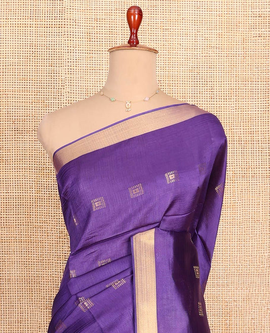 Violet Banana Pith Saree Spotlighted with Square Zari Buttas All Over Its Body, Bavanji Border, Gleaming Zari Striped Pallu, and Paired with a Matching Plain Blouse