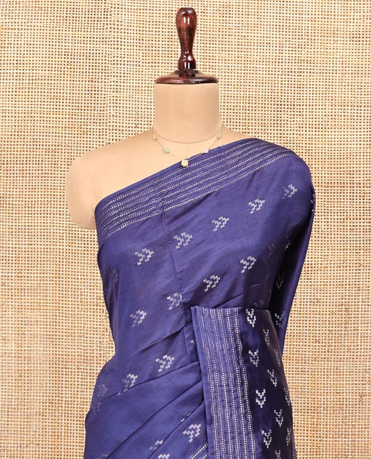 Blue Banana Pith Saree, Finely Crafted with Buttas on Its Body, Subtly Striped Border, Pallu of Stripes, and Paired with a Matching Blouse