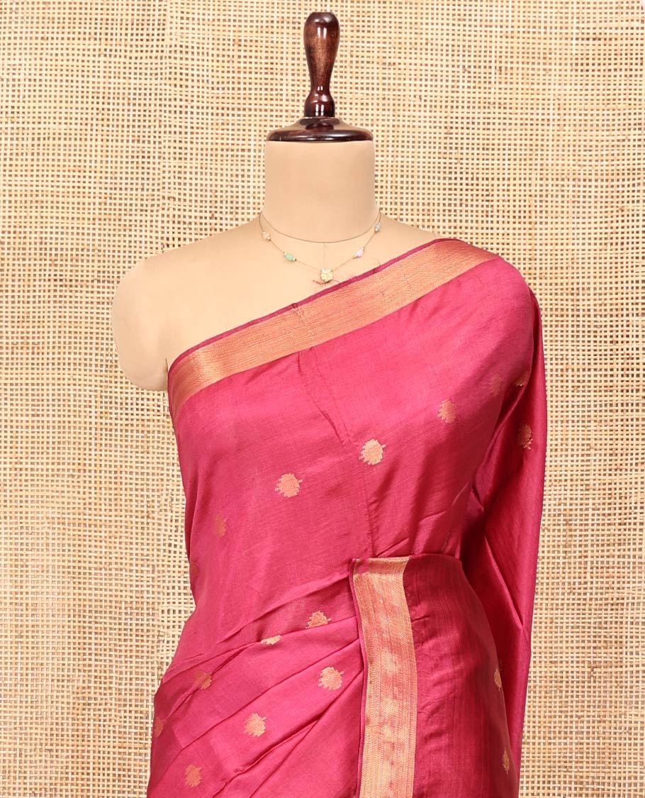 Pink Banana Pith Saree, Graced with Buttas All Over Its Body, Highlighted by Self-Border, Pallu of Zari Stripes, and Paired with a Matching Blouse
