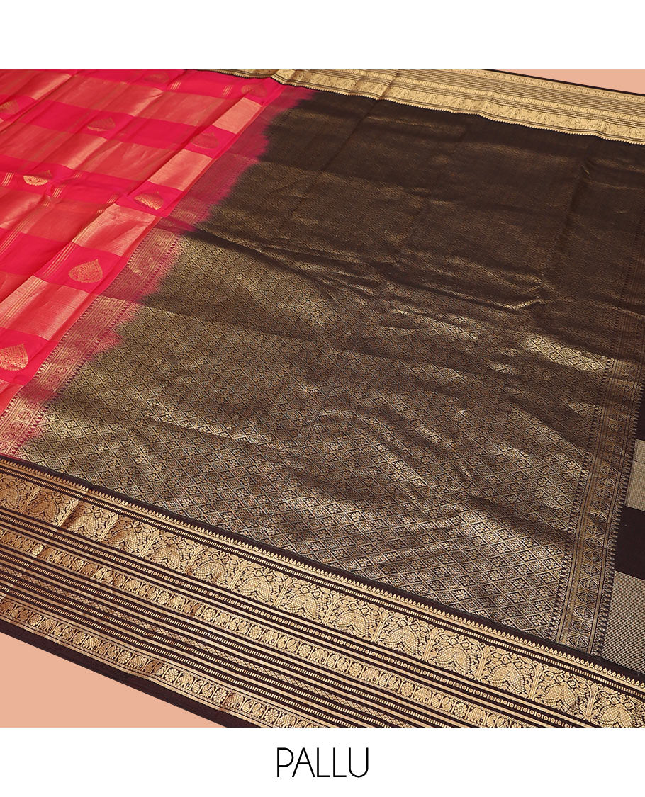 Red Vasundhara Silk Saree, Accentuated with Zari Buttas and Zari Stripes All Over Its Body, Complemented by a Contrast Border of Thilakam, Banaras, Muthu, Yaanai, Manga, and Mayil Designs, Zari Elevated Jaal Pallu, and Paired with a Contrast Blouse