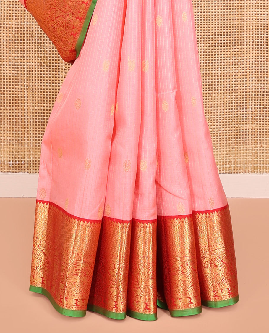 Pink Vasundhara Silk Saree, Decked Up with Zari Buttas and Stripes All Over Its Body, Complemented by a Contrast Border of Rekku, Kodi Visiry, Jaal, and Mayil Designs, Grand Jaal Pallu, and Paired with a Contrast Blouse