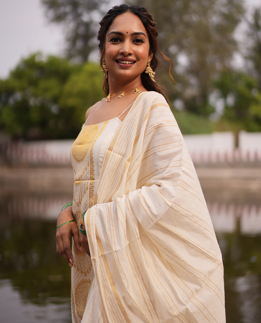 Cream Kerala Cotton Material Chudidar Features Zari Design Top, Matching Bottom, Striped Dupatta