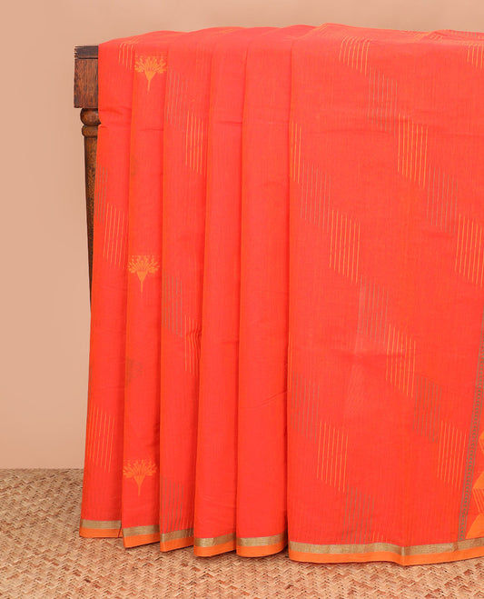 Borderless orange buttas coimbatore cotton saree, thin piping border, and geometric patterned pallu