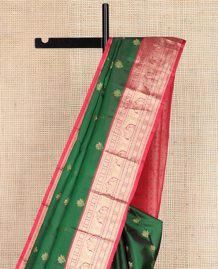 Green zari buttas vasundhara silk mix saree, contrast chakram pallu & border of rekku, diamond,jada nagam & maan designs