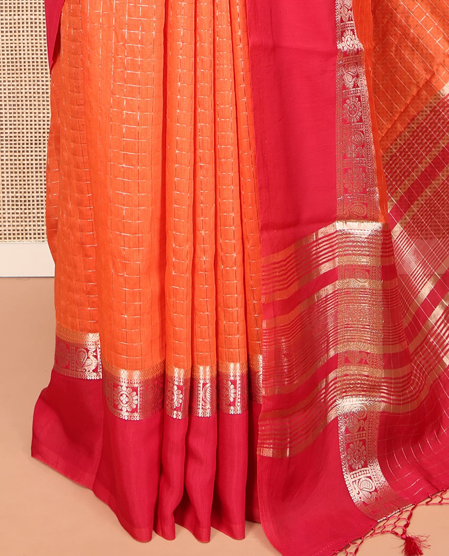 Orange Zari Checked Assam Silk Saree, Complemented by a Contrast Traditional Zari-Woven Border, Zari-Striped Pallu, and a Contrast Blouse
