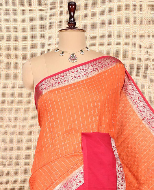 Orange Zari Checked Assam Silk Saree, Complemented by a Contrast Traditional Zari-Woven Border, Zari-Striped Pallu, and a Contrast Blouse