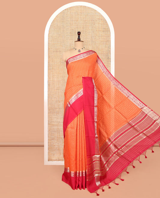 Orange Zari Checked Assam Silk Saree, Complemented by a Contrast Traditional Zari-Woven Border, Zari-Striped Pallu, and a Contrast Blouse