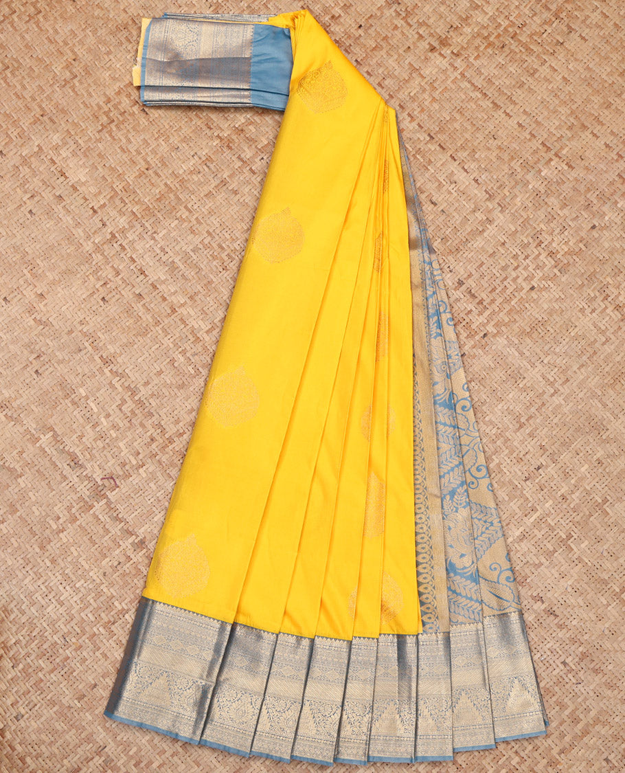 Yellow Budget Silk Saree, Sparsely Woven with Zari Buttas, Complemented by a Contrast Traditional Border, Grand Pallu, and a Contrast Blouse