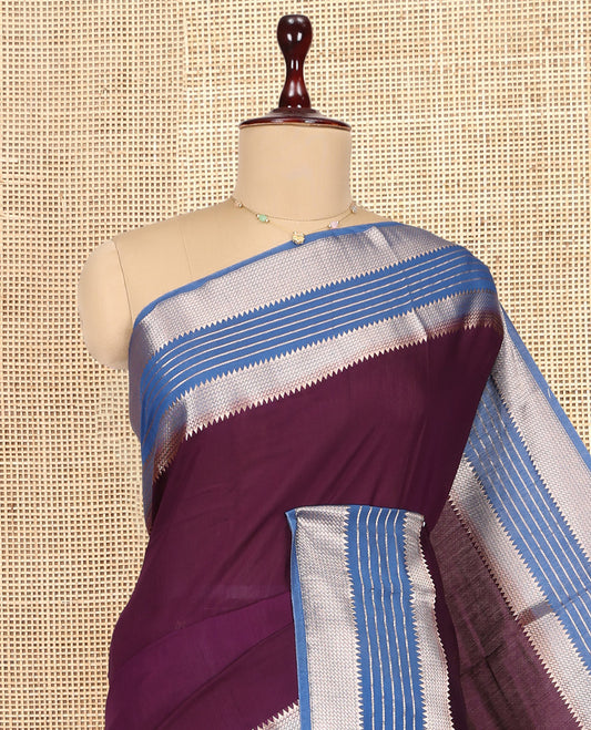 Purple Plain Assam Silk Saree, Complemented by Contrast Traditional Zari Border, Zari Woven Pallu, and Contrast Blouse