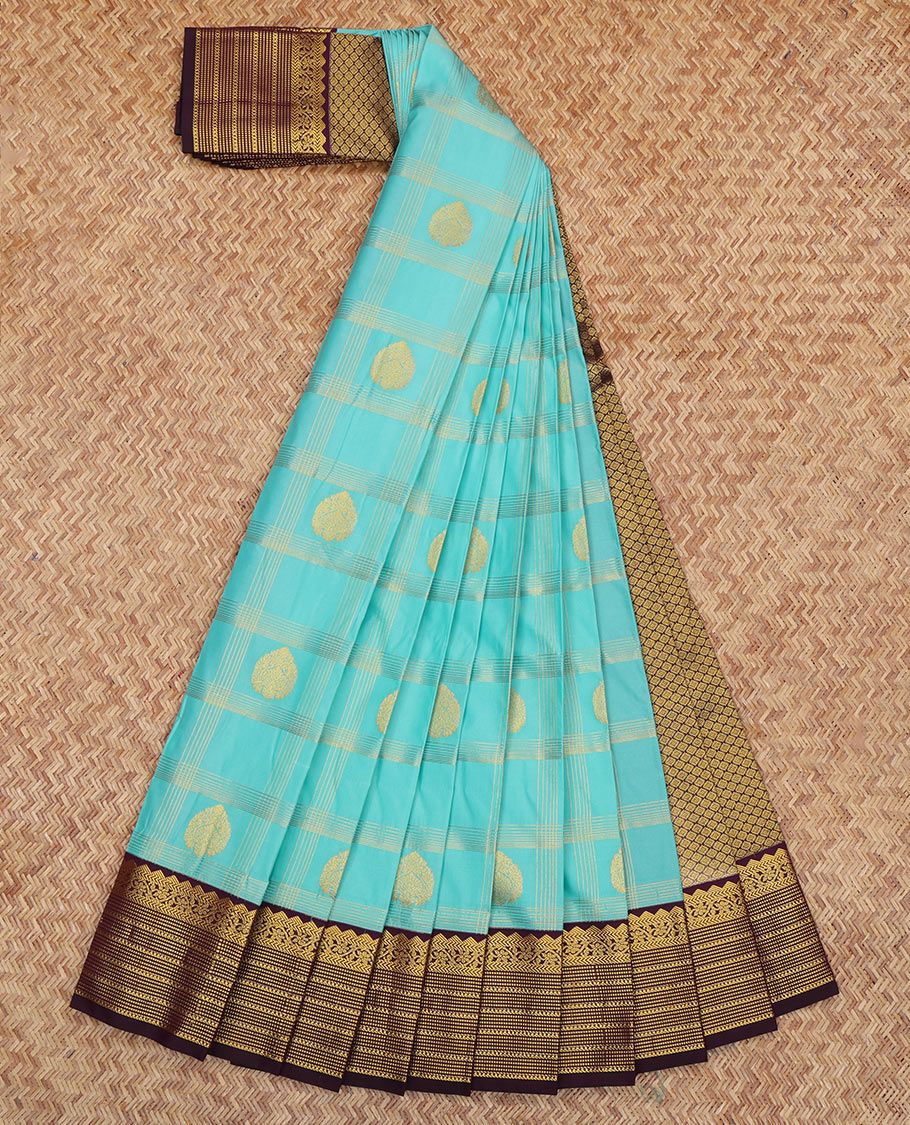 Blue Budget Silk Saree, Steeped in Richness of Zari Butta Enclosed Checks, a Contrast Traditional Zari Border, Grand Pallu, and a Contrast Blouse