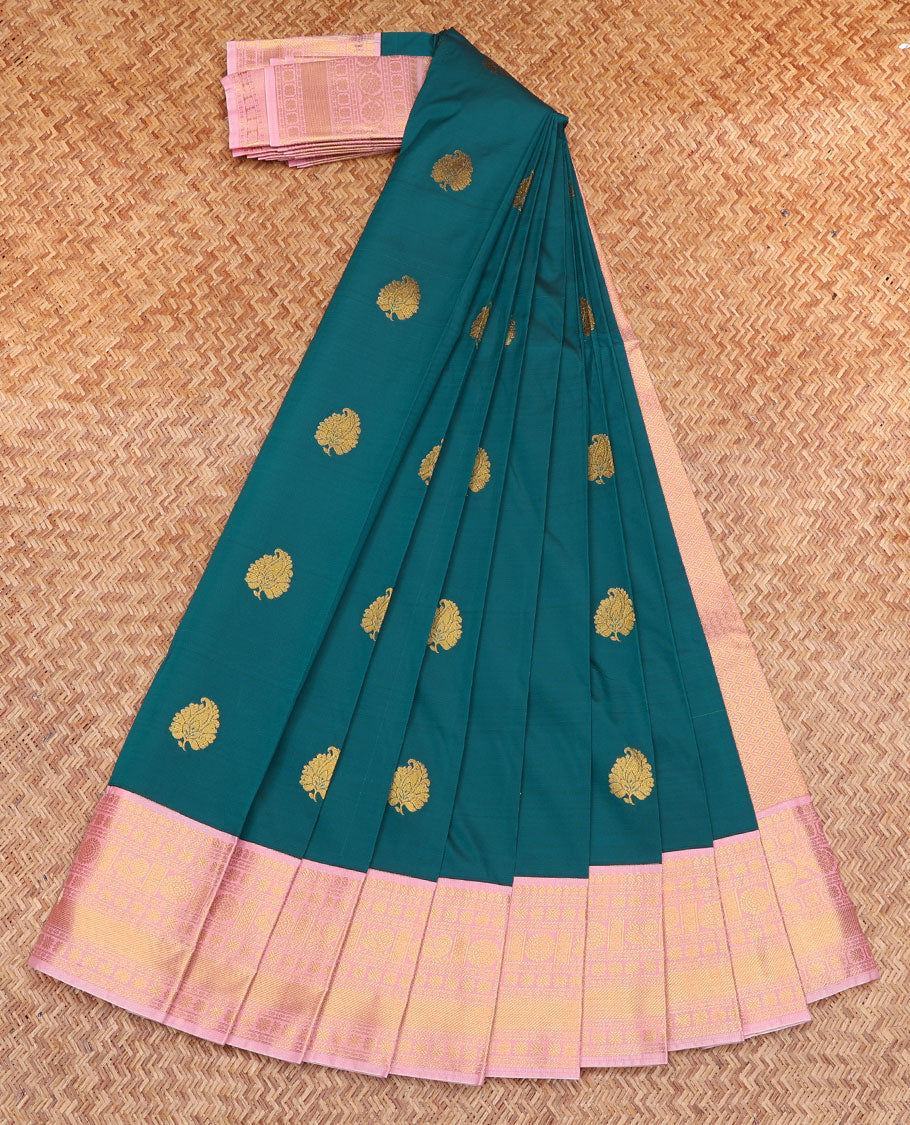 Blue Budget Silk Saree, Graced with Zari Buttas, Complemented by a Contrast Traditional Zari Border, Grand Jaal Pallu, and a Contrast Blouse