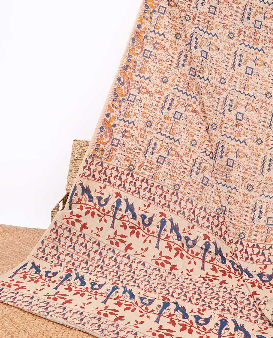 Cream egypt theme design machine-printed kalamkari cotton saree with contrast border & intricate design pallu