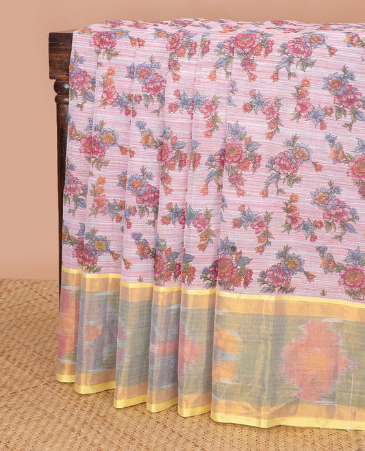 Pink floral design chirala cotton saree with contrast floral design border & floral design pallu