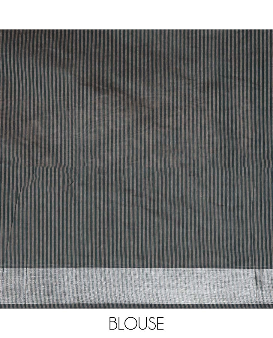 Bottle green striped jute cotton saree with contrast zari border &  pallu of stripes