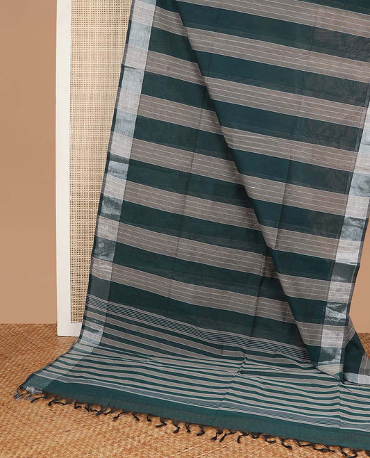 Bottle green striped jute cotton saree with contrast zari border &  pallu of stripes