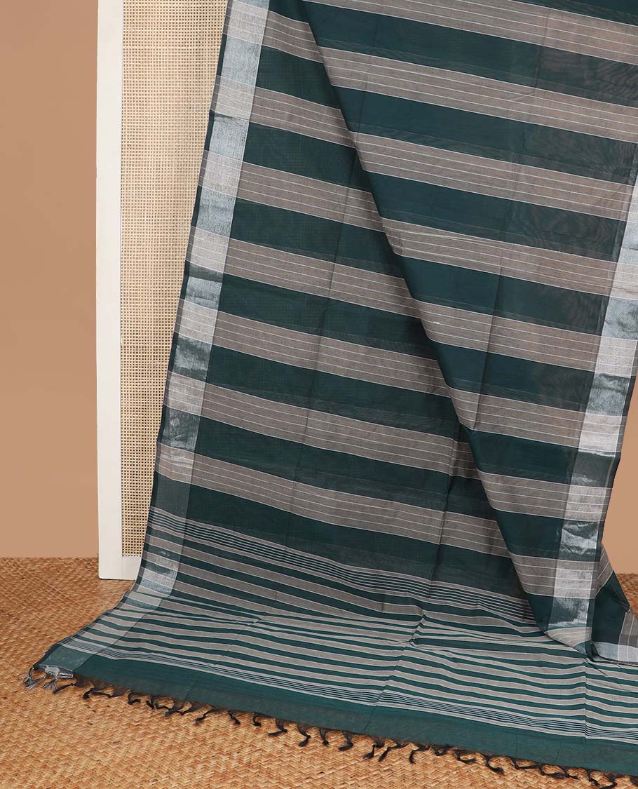 Bottle green striped jute cotton saree with contrast zari border &  pallu of stripes