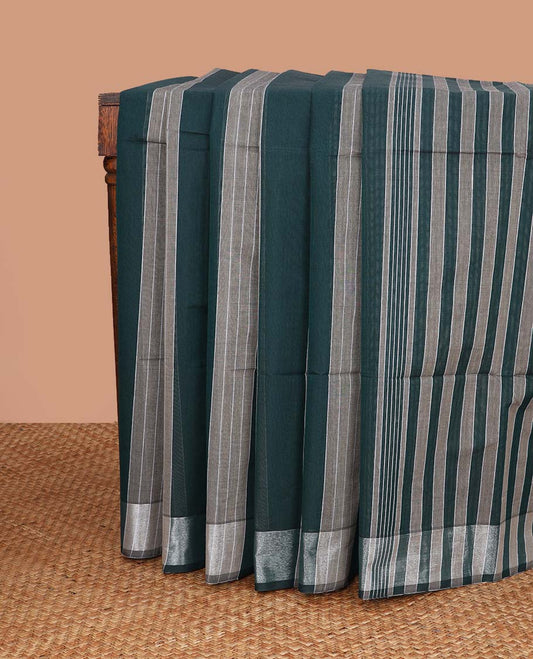 Bottle green striped jute cotton saree with contrast zari border &  pallu of stripes
