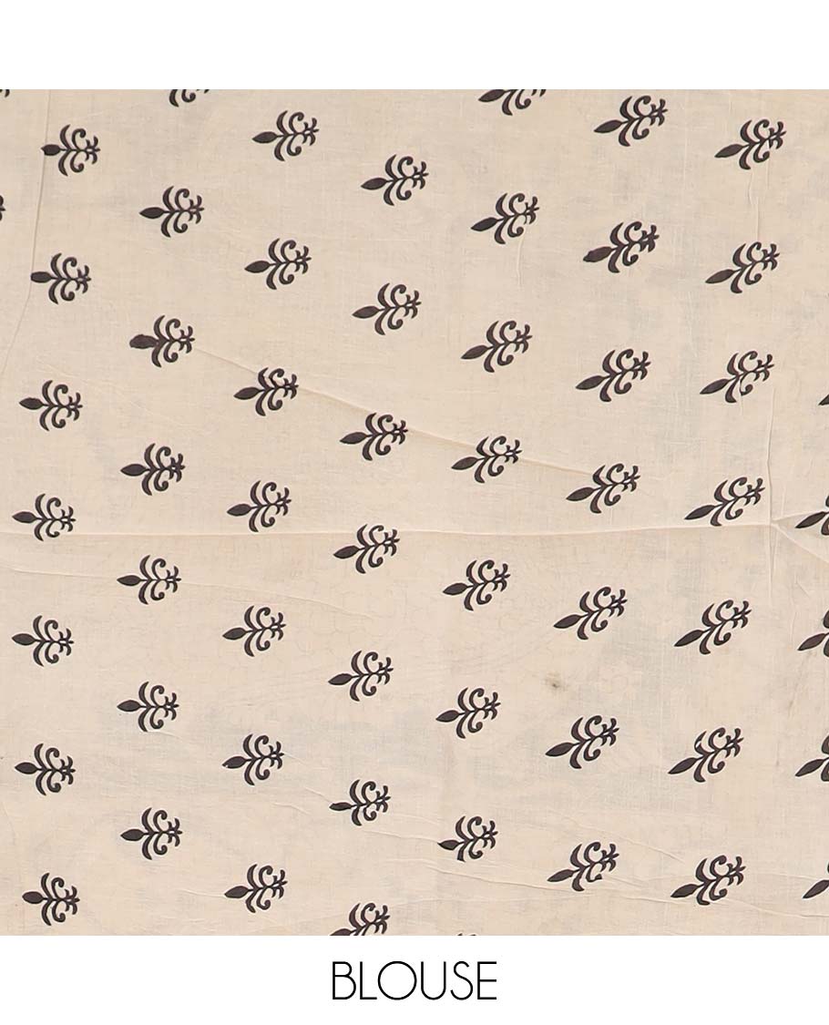 Black floral-peacock machine printed kalamkari cotton saree, contrast lotus printed border, and pallu of floral-peacock print