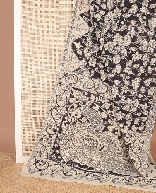 Black floral-peacock machine printed kalamkari cotton saree, contrast lotus printed border, and pallu of floral-peacock print