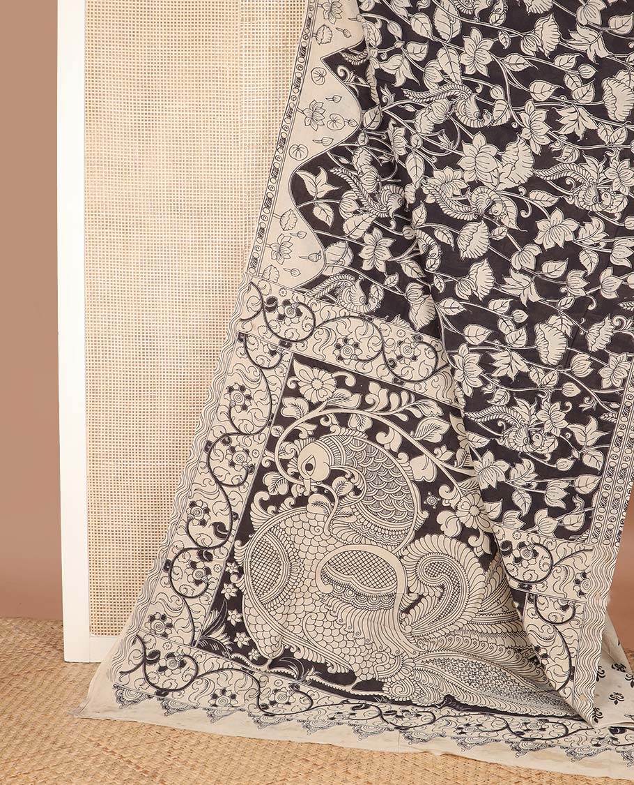 Black floral-peacock machine printed kalamkari cotton saree, contrast lotus printed border, and pallu of floral-peacock print
