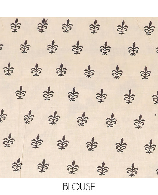 Blue floral vine and peacock machine-printed Kalamkari cotton saree, contrast lotus border, and pallu of kalamkari peacock