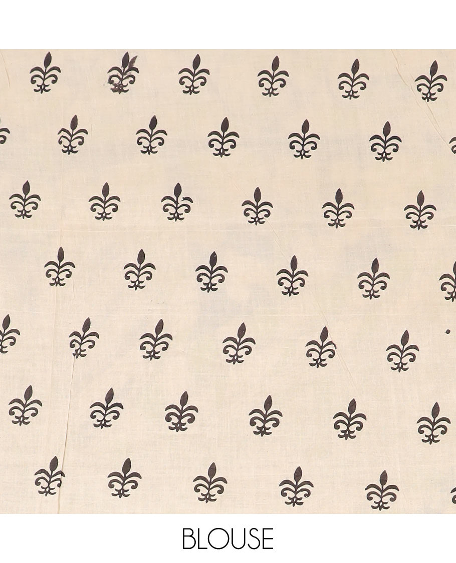 Blue floral vine and peacock machine-printed Kalamkari cotton saree, contrast lotus border, and pallu of kalamkari peacock