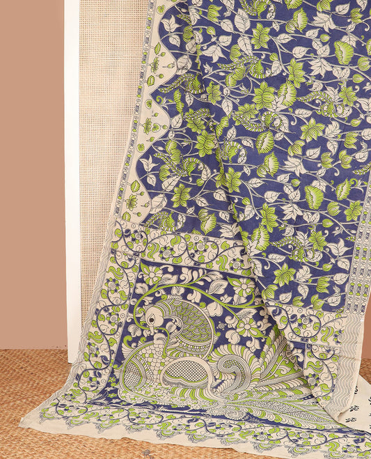 Blue floral vine and peacock machine-printed Kalamkari cotton saree, contrast lotus border, and pallu of kalamkari peacock