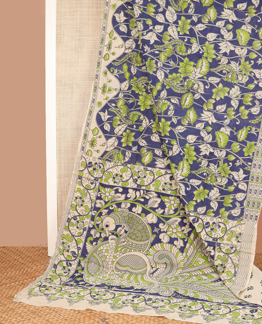 Blue floral vine and peacock machine-printed Kalamkari cotton saree, contrast lotus border, and pallu of kalamkari peacock